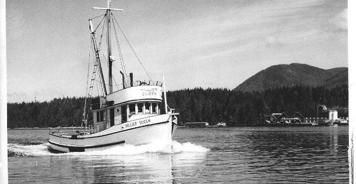 Ucluelet Historical Society Image of Hillier Queen Boat Beside Herring Reduction Plant at Port Albion
